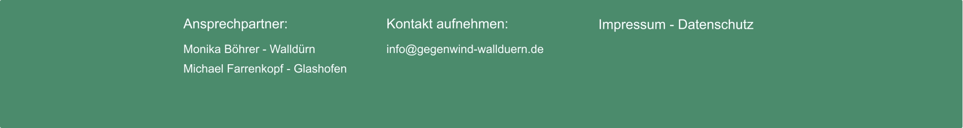 Ansprechpartner:  Monika Böhrer - Walldürn Michael Farrenkopf - Glashofen Kontakt aufnehmen:  info@gegenwind-wallduern.de Impressum - Datenschutz